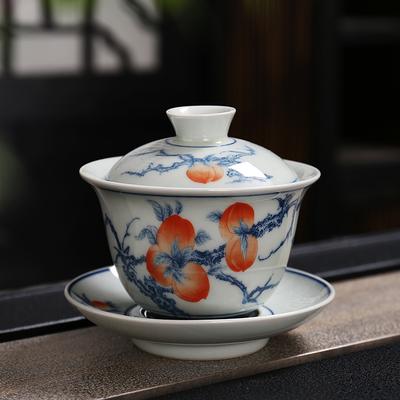 Ceramic Single Lid Bowl, Large Capacity Chinese Blue and White Three Piece Cover Bowl, Retro Tea Maker, Tea Cup