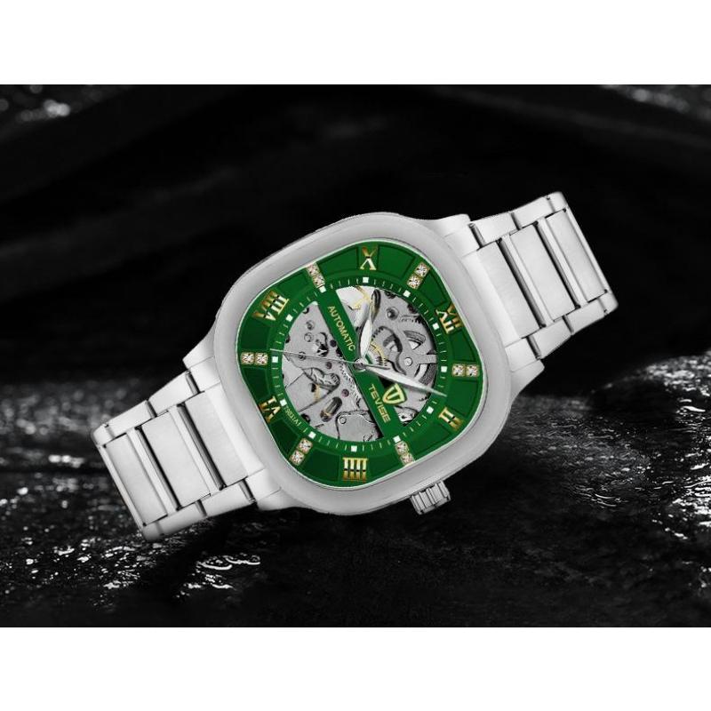 TEVISE Automatic Mechanical Watches for Men Stainless Steel Waterproof Skeleton Watch Square Dial Luminous Fashion Business Wristwatch