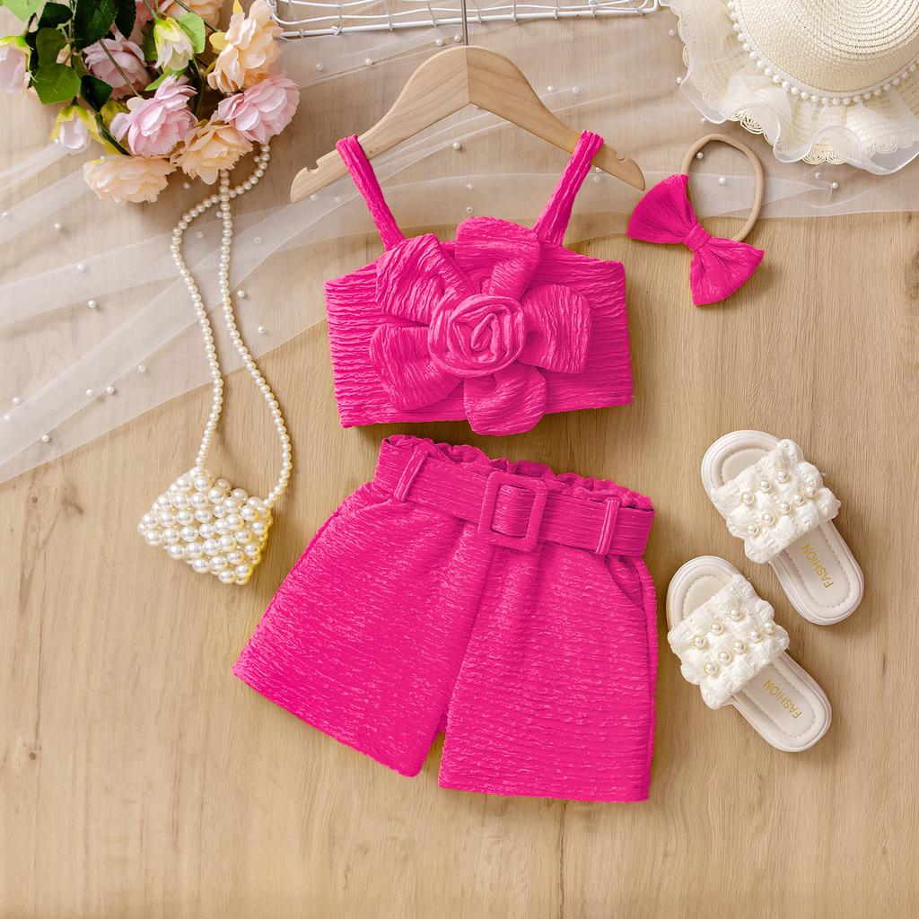 Girls' Fashionable Set Summer Children's Multi-color Three-dimensional Flower Halter Top + Shorts + Headwear