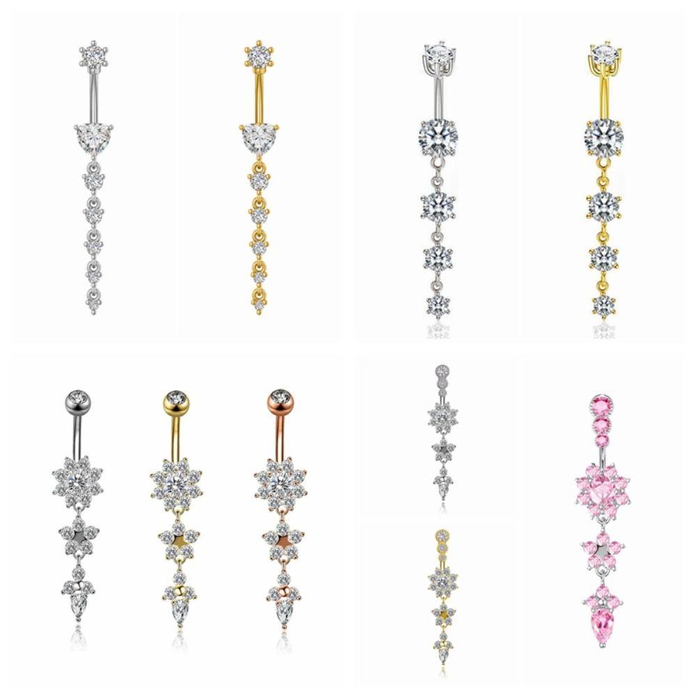 Long Dangled Zircon Belly Button Ring Pink Body Jewelry Stainless Steel Navel Piercing  Women