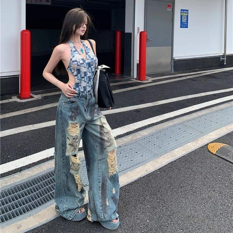 Designowe poczucie podartych dziur Szerokie jeansy damskie letnie z wysokim stanem Duże rozmiary Luźne spodnie żebraka Retro workowate długie jeansy dla pań