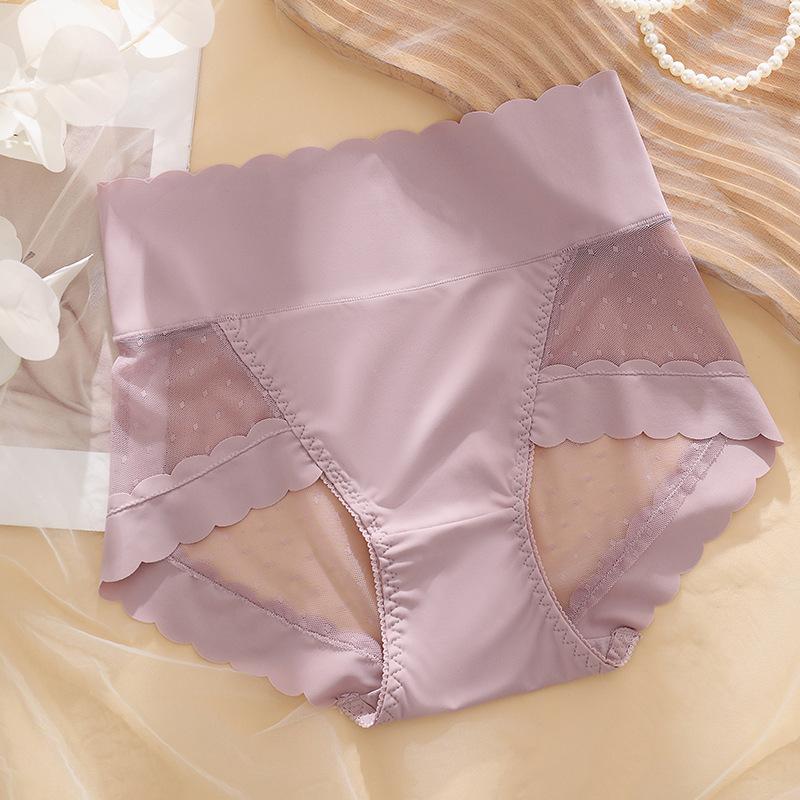 Sous-vêtements fins d'été taille haute ventre soie glacée sans couture pour femmes culotte en maille à pois culotte sexy pour femmes rehausseur de hanches XL violet