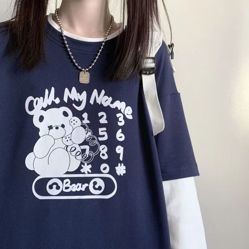Autumn Teen Girls Harajuku Cartoon Bear Print Fake 2 Pieces T-shirt Patchwork Long Sleeve Y2K T-Shirt Women Sweet Clothes