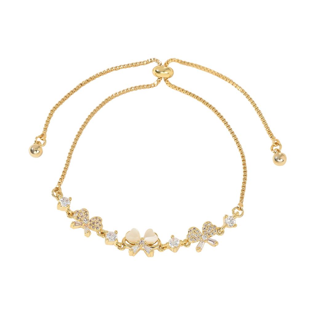 Elegant Cat's Eye Stone & Bowknot Charm Bracelet for Women, Adjustable Sliding Crystal Bracelets with CZ, Luxury Jewelry