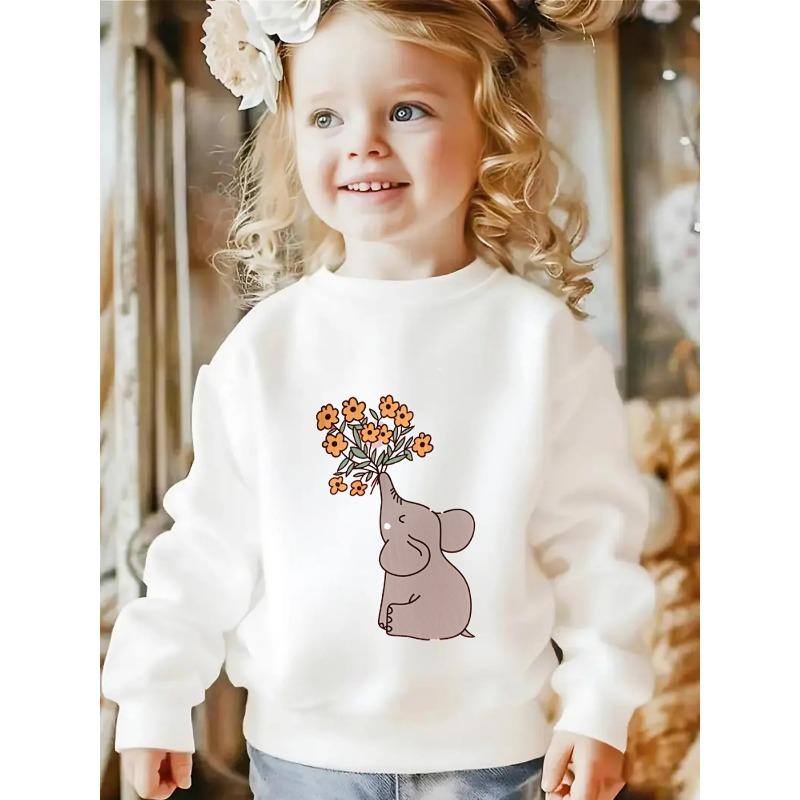 European sizes Kids  Round-Neck Hoodie | Elephant Holding Flowers, Sportswear and Casual Wear, Soft and Comfortable, Easy to Care For, Playful Design 110 белый
