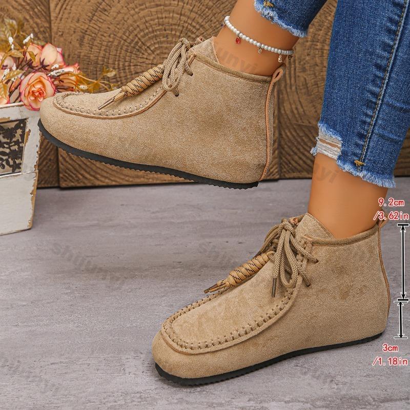 Damen Wildleder Kurzstiefel Herbst Winter Neu Weiche Sohle Leichte Bequeme Stiefeletten Mode Kreuzgebunden Rutschfest Freizeit Flachschuhe