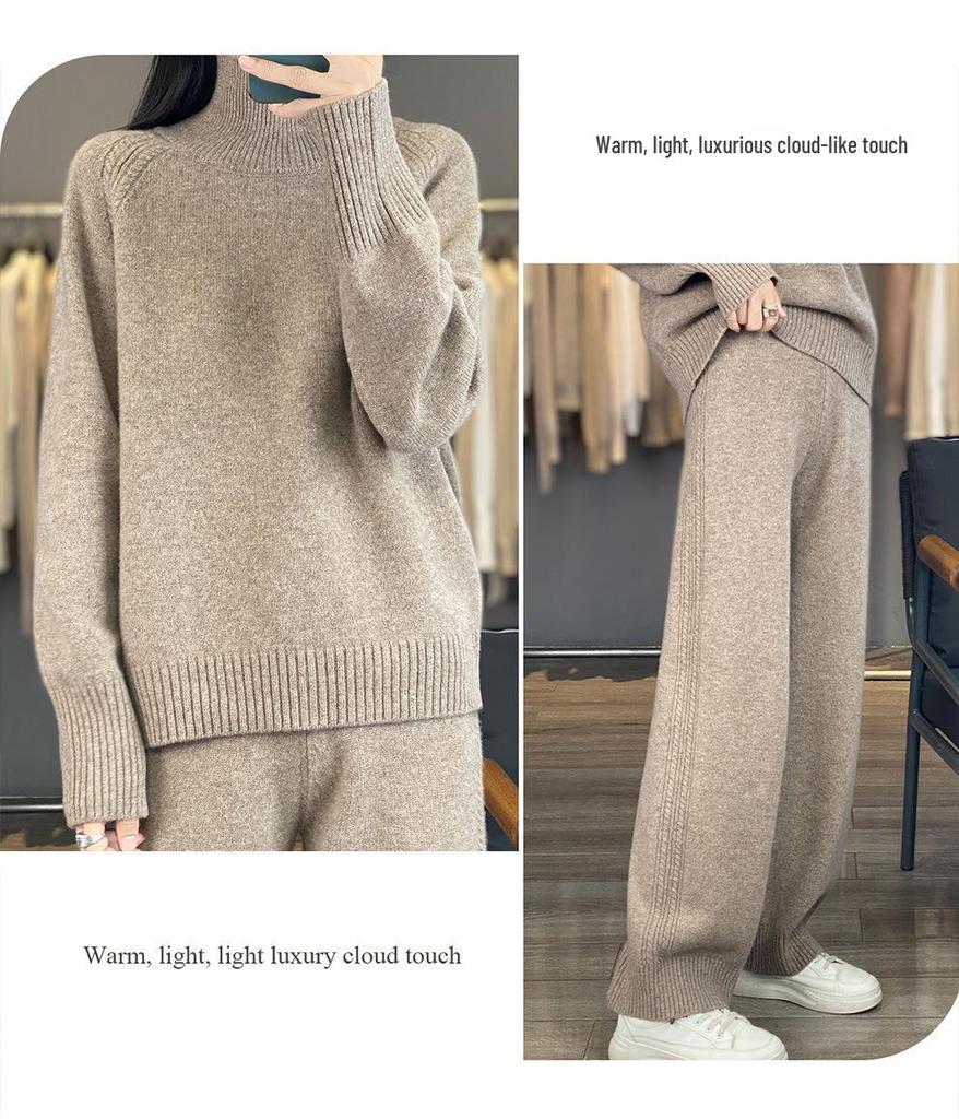2025 Autumn/Winter High Neck Wool Knitwear & Wide Leg Pants Set