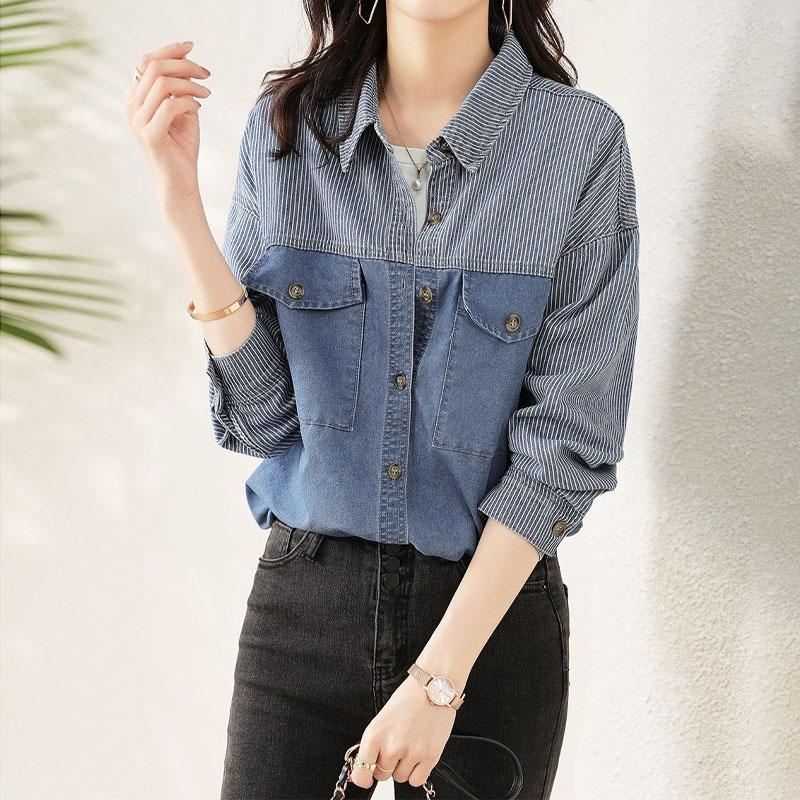 Denim Spliced Polo-Neck Casual Blouse Women Korean Commute Striped Single-breasted Loose Shirt Long Sleeve Female Clothing