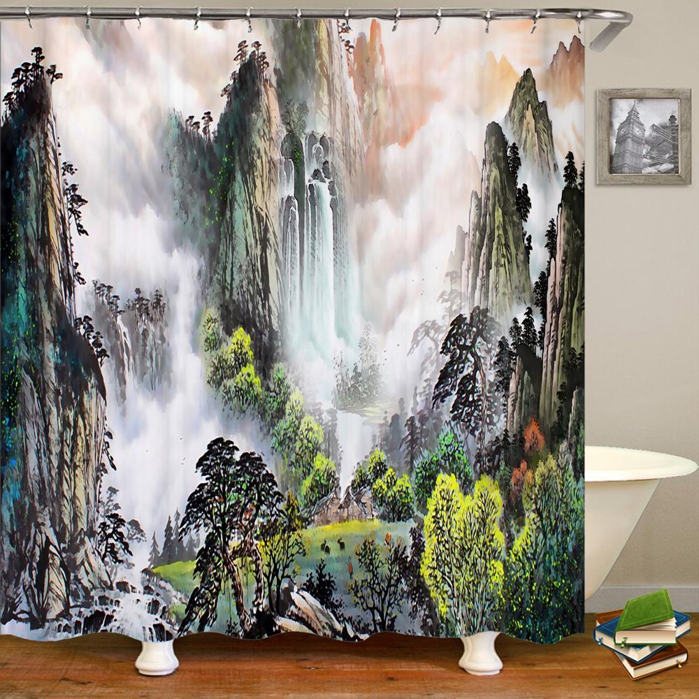 Shower Curtain Ink Painting Plant Flower Landscape 3D Printing Bathroom Curtain Polyester Waterproof Home Decor Curtain 180X180