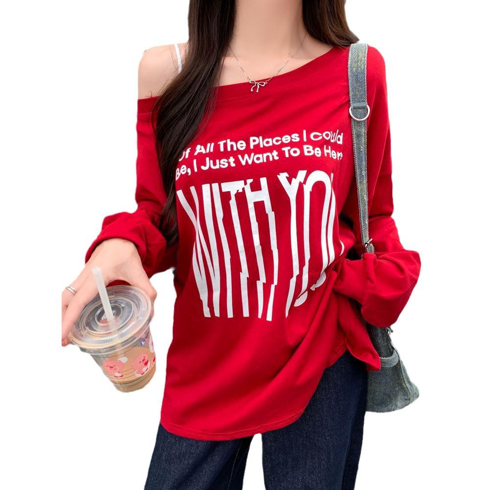 2025 Spring/Autumn Women's Off-Shoulder Oversize Sweatshirt, Reversible Design, Loose Fit, Slanted Shoulder Lazy Style Top