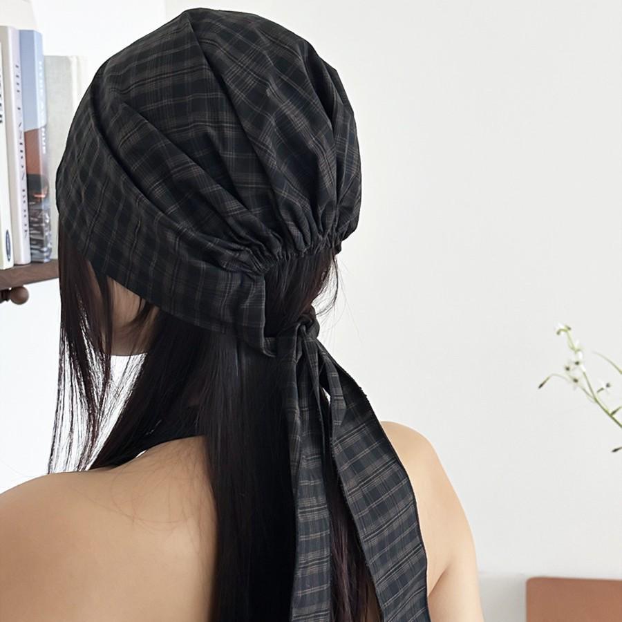 Japanese Plaid Tie-Up Headband Beanie for Women: Spring/Summer Fashionable Versatile Design