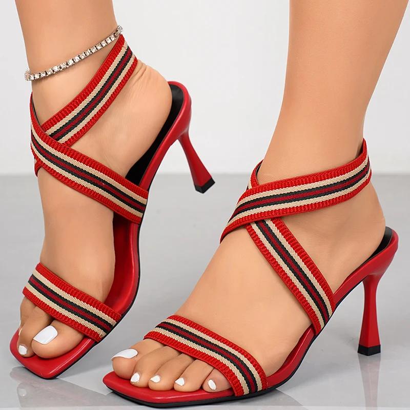 

Fashion Stripe Design Stiletto Sandals Women Fashion Cross-Strap Open Toe Sandal Female Office Ladies Square Toe High Heel Sandal Mujer 43
