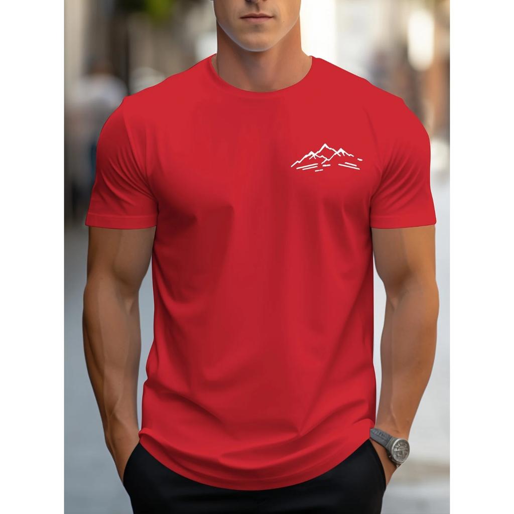 Summer Round Neck 3D Mountain Pattern Print T-shirts Fashionable Casual Short Sleeved Men's T-shirts