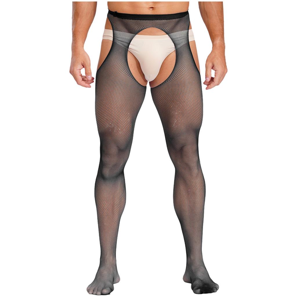 Mens Mid Waist Hollow Out Cutout Opening Crotch Tights Stockings Leggings Elastic Waistband Pantyhose