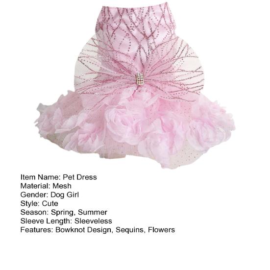 Pet Dress Bow Tie 3D Flowers Sequins Rhinestone Decor Breathable Mesh Pomeranian Chihuahua Puppy Cat Costume Pet Wedding Dress Small Dogs