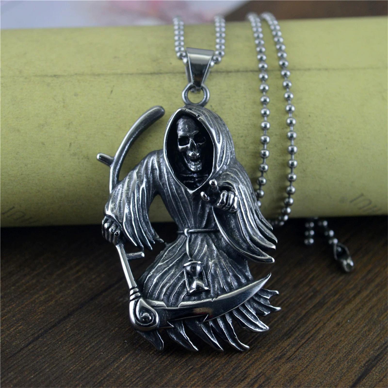 Santa Muerte Skull Stainless Steel Pendant Necklace Our Lady of Holy Death Mexican Grim Reaper Punk Style Jewelry 60CM