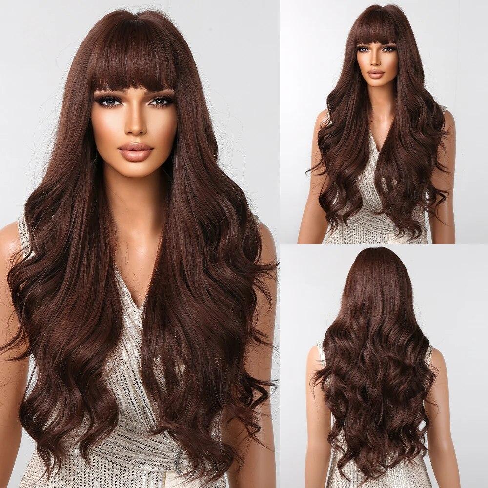 Long Water Wave Synthetic Wigs with Bangs Natural Ginger Brown Loose Curly Wavy Wig for Black White Women Heat Resistant Daily