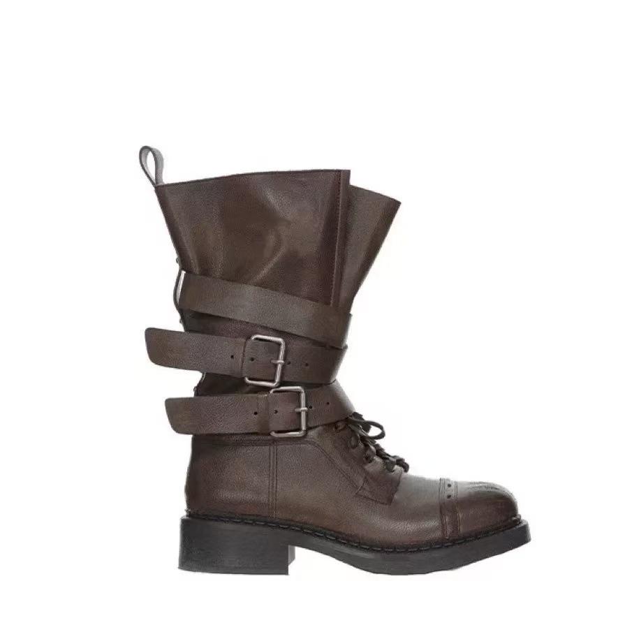 

Cowhide version~ retro versatile Martin boots 2025 autumn new British style Martin boots medium tube thick heel belt buckle women 40 коричневый
