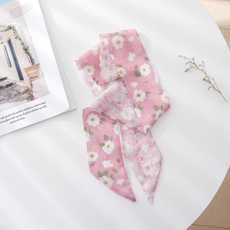 Summer French Retro Pink Tied Hair Small Floral Long Silk Scarf Headband Braided Hair Chiffon Thin Ribbon Scarf