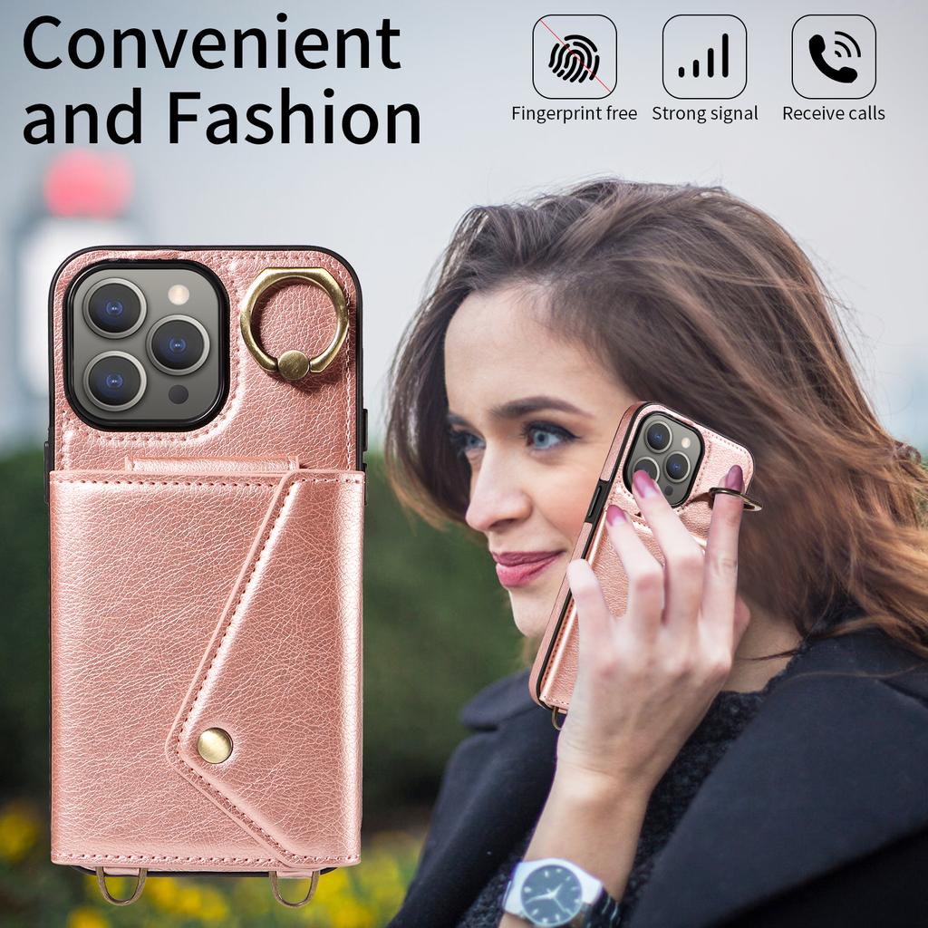 For iPhone 15 Series.for iPhone 15,15 Plus,15 Pro,15 Pro Max Shoulder Strap Rope Ring Bracket Design Card Holder Slots Lichee Pattern Cover Phone Case