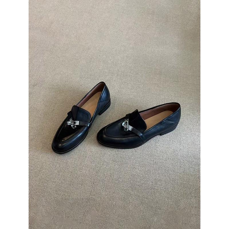 Sheepskin version~ Genuine leather retro horseback buckle loafers women's flat single shoes lazy people pedal British style small leather shoes