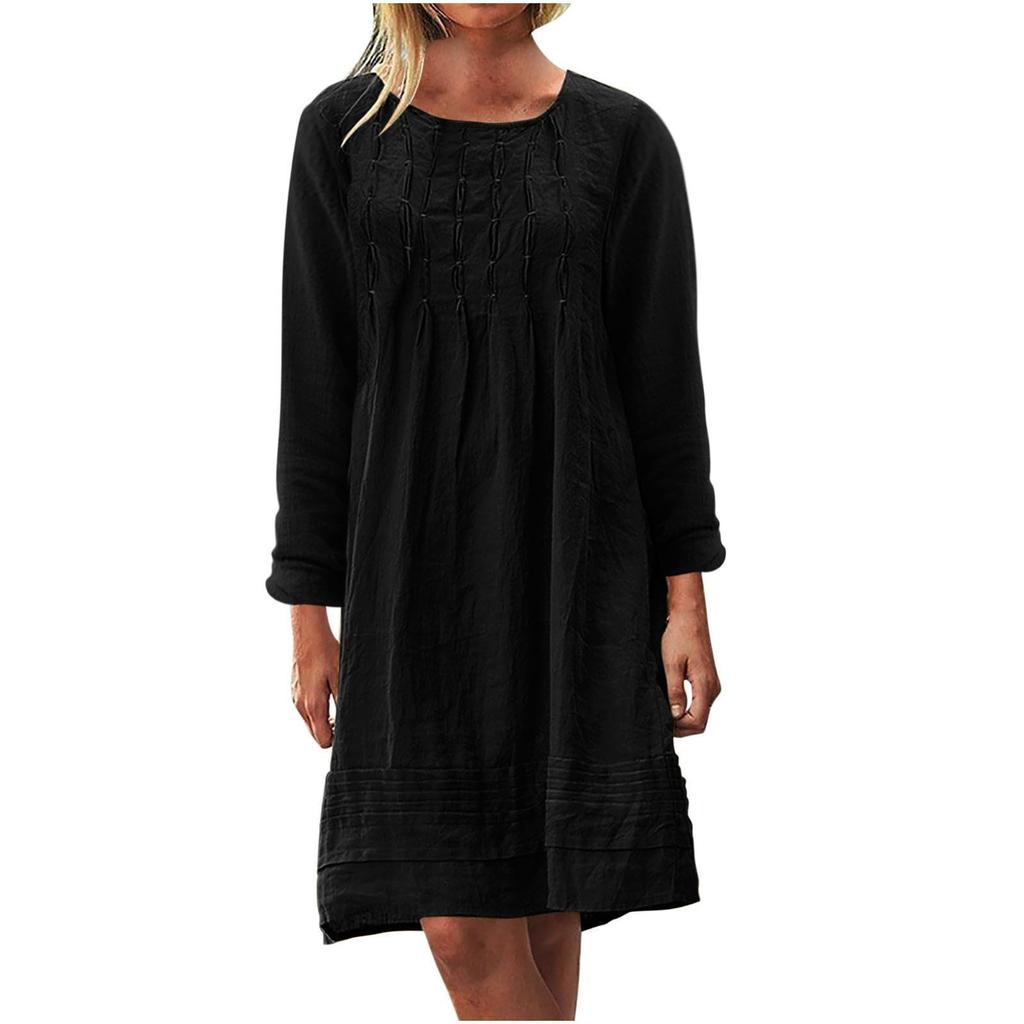 Women's Round-neck Solid-color Loose Casual Cotton And Linen Dress