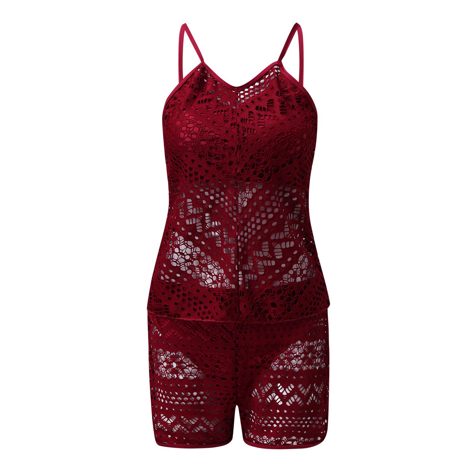 

Европейский и американский женский однотонный сетчатый жаккардовый купальник бикини с плоским вырезом для ног Large вино красного