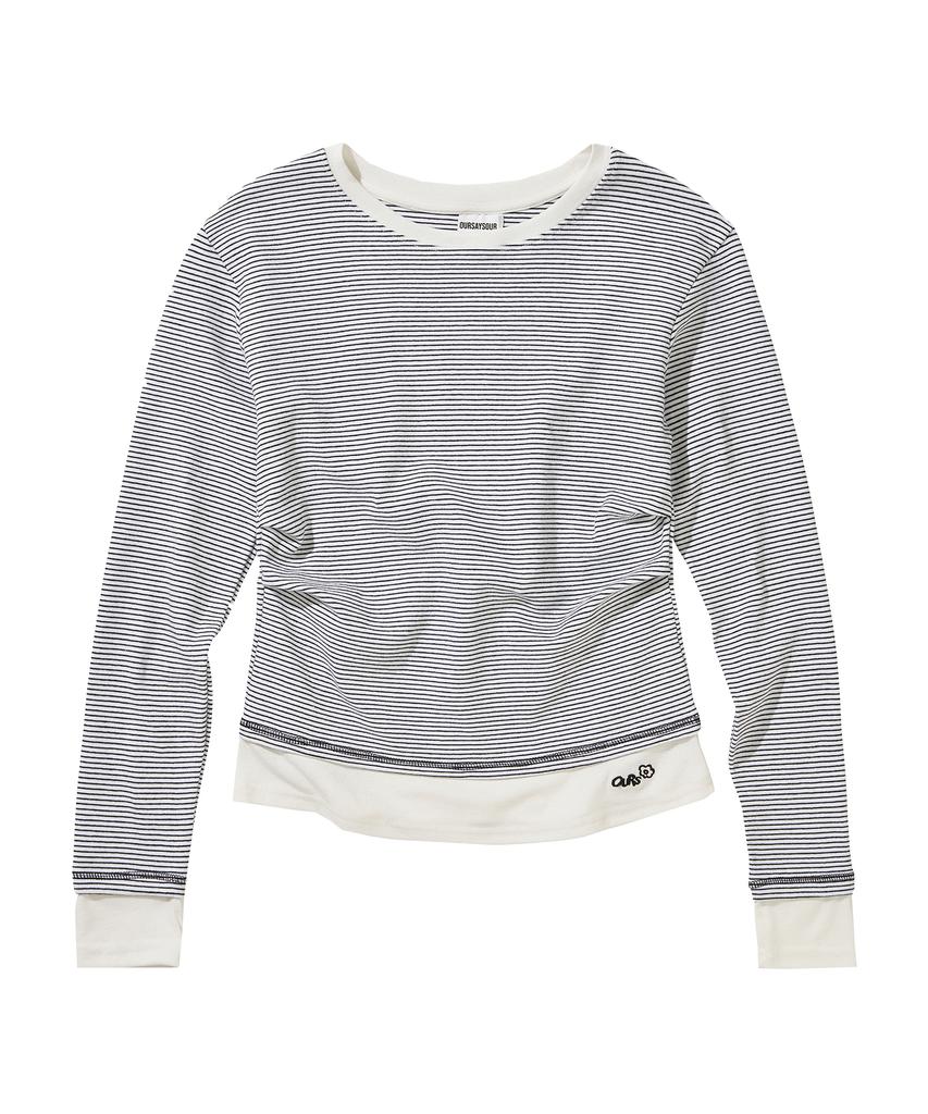Awoseiawo Striped Color Block Pintuck Long Sleeve T-Shirt White