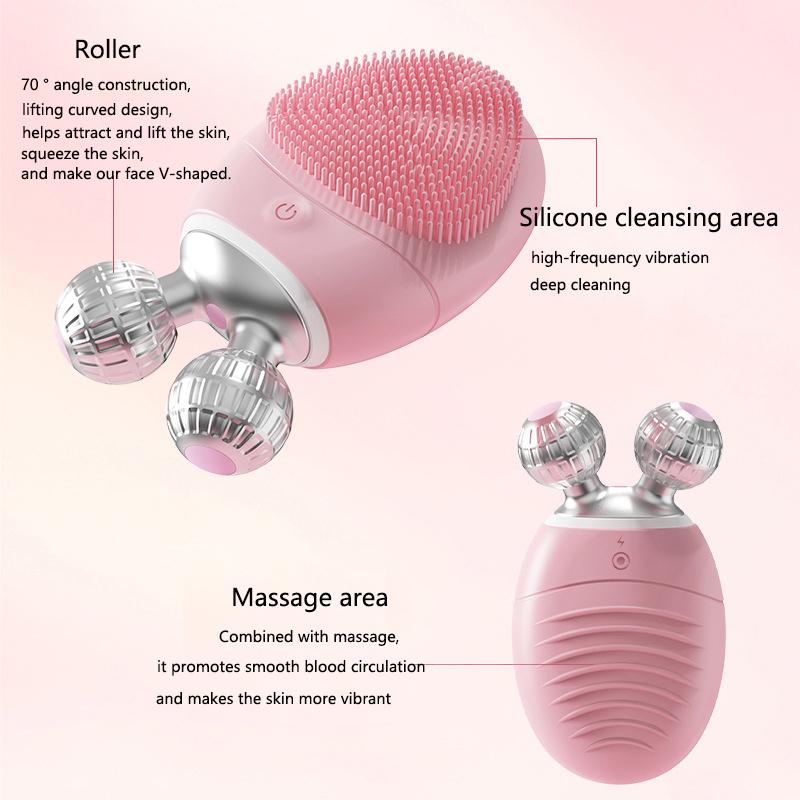 Multi-function Silicone Electric Facial Cleansing Brush Deep Clean Vibration Massage 3D Roller V-Face Skin Lifting and Firming