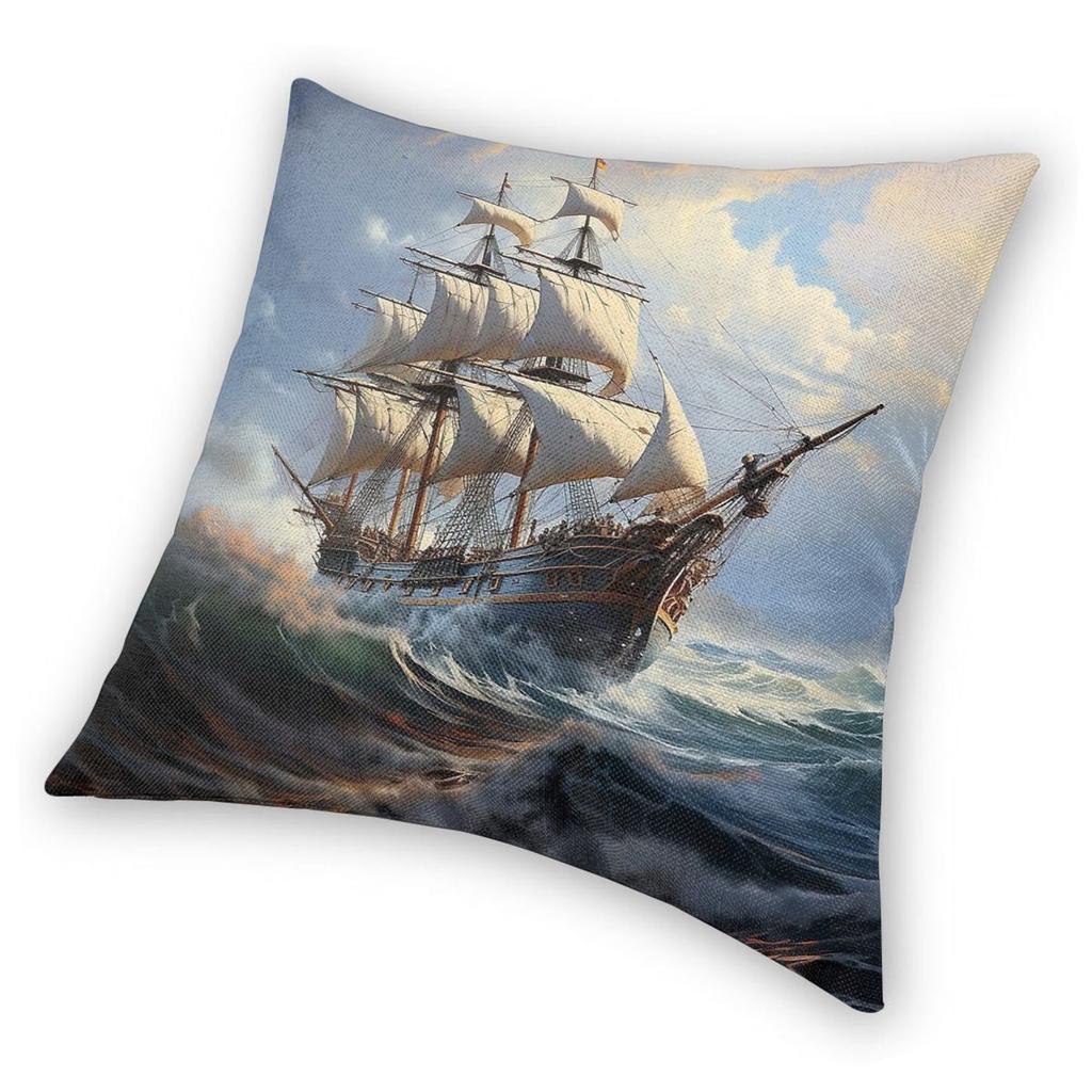 Nautical Wooden Ship Pillowcase Polyester Linen Velvet Pattern Zip Decor Home Cushion Case