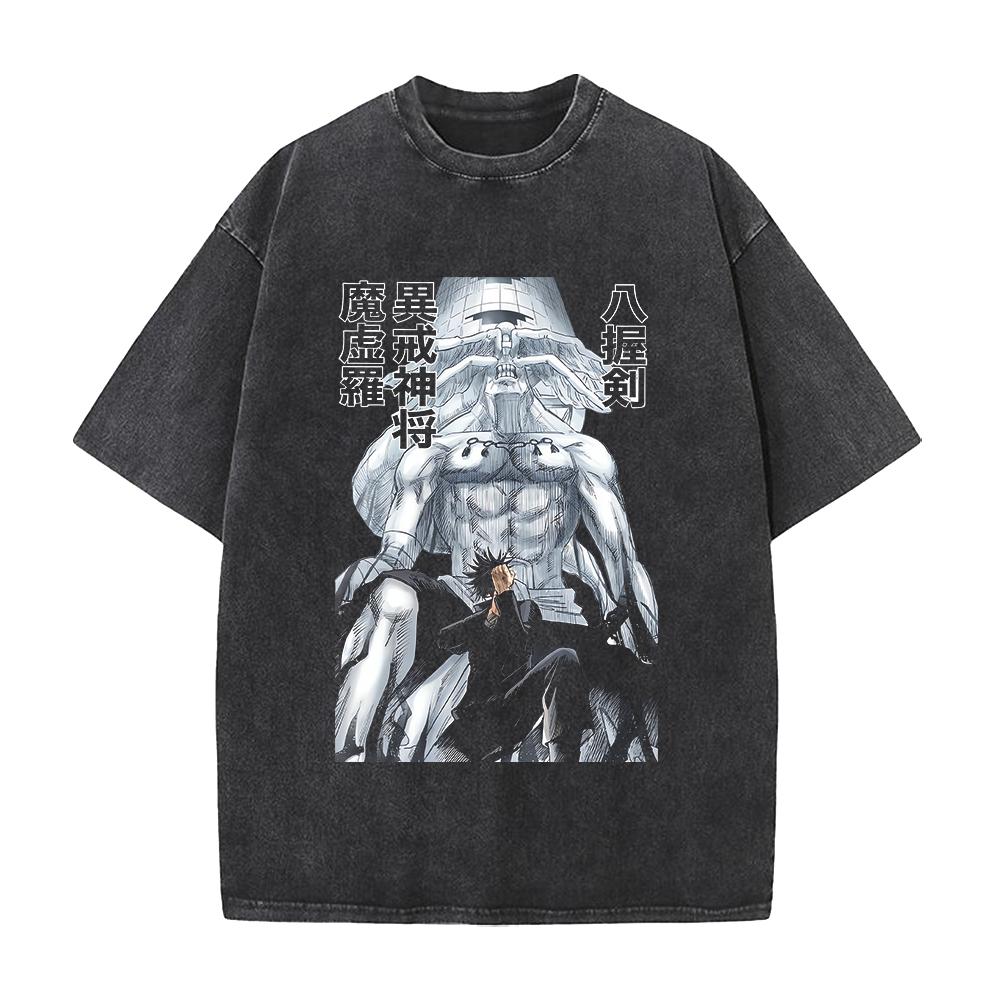 Anime Jujutsu Kaisen Fushiguro Megumi Makora Print T-shirt Men Women Tshirts Cotton Clothing Retro Washed T Shirt Harajuku Tops