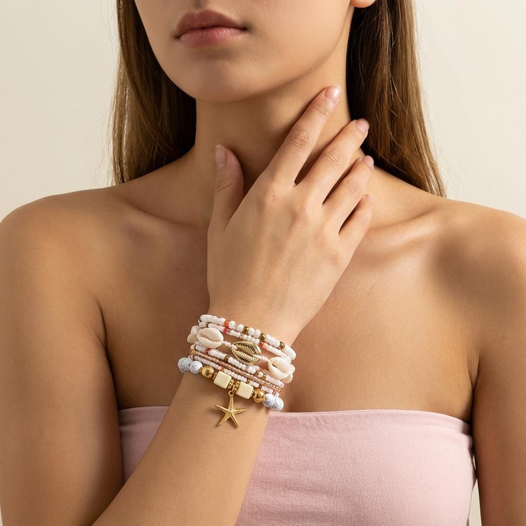 Bohemian Multilayer Shell Starfish Bracelets for Women Summer Beach Elastic Beaded Anklet Bracelet Set Vacation Jewelry Gift