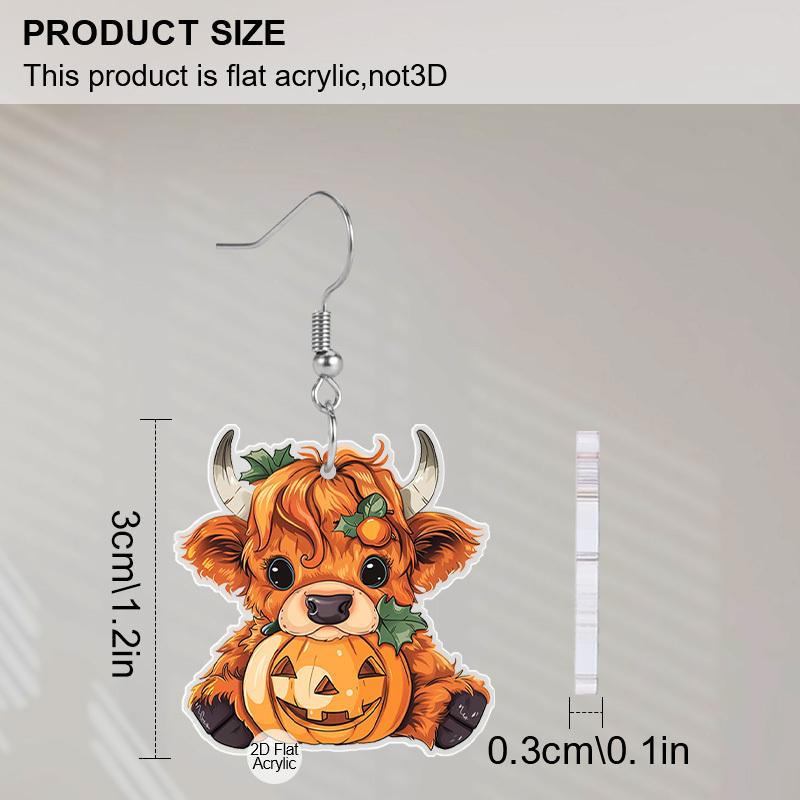 2D Flat Halloween Thanksgiving Earrings Cute Highland Cow Cattle Animals Acrylic Dangle Earrings Pumpkin Drop Earring Holiday Party Jewelry Gifts