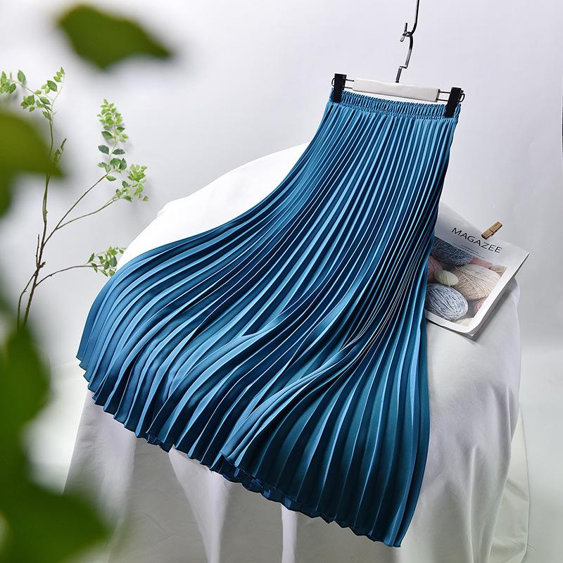 Women Summer Solid Long Dress Elastic Waist Pleated Boho Beach Maxi Skirt