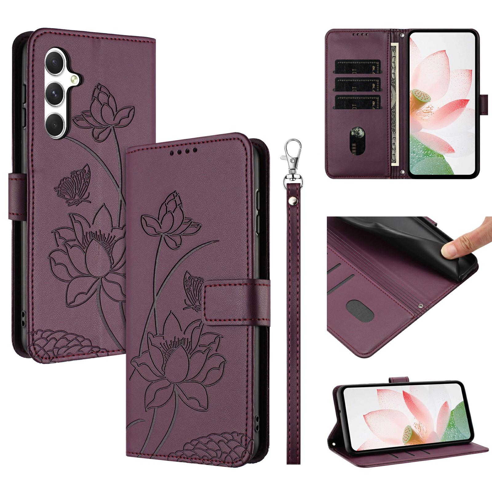 

Leather Case For Samsung Galaxy A26 5G/A17 5G/A17 4G/A16 5G/A16 4G Wallet Stand Lotus Imprint Phone Cover with Wrist Strap