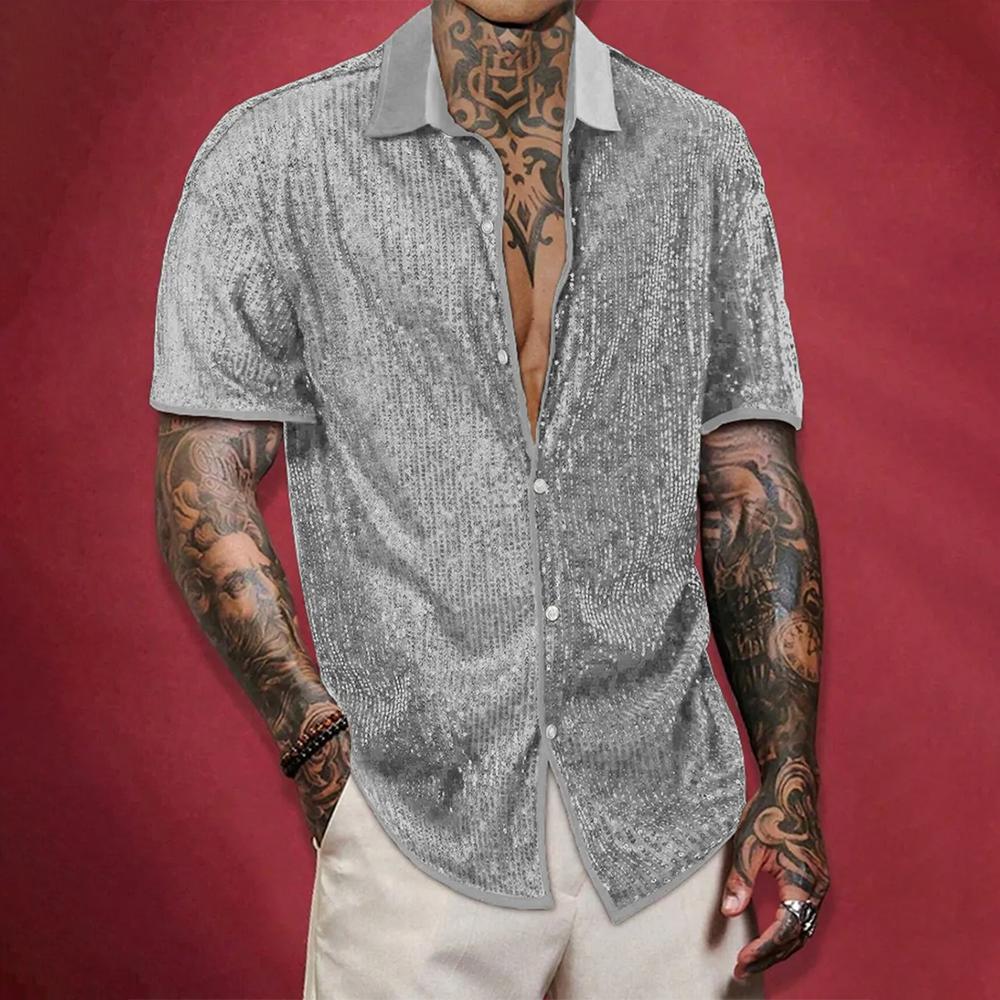 Mens Shirt Shiny Nightclub Sequin Thin