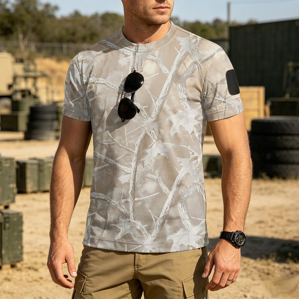 Men's Tactical Short Sleeve T Shirt Loose Fit Breathable Quick Dry Outdoor Sports Tee with Hook and Loop Patch Area