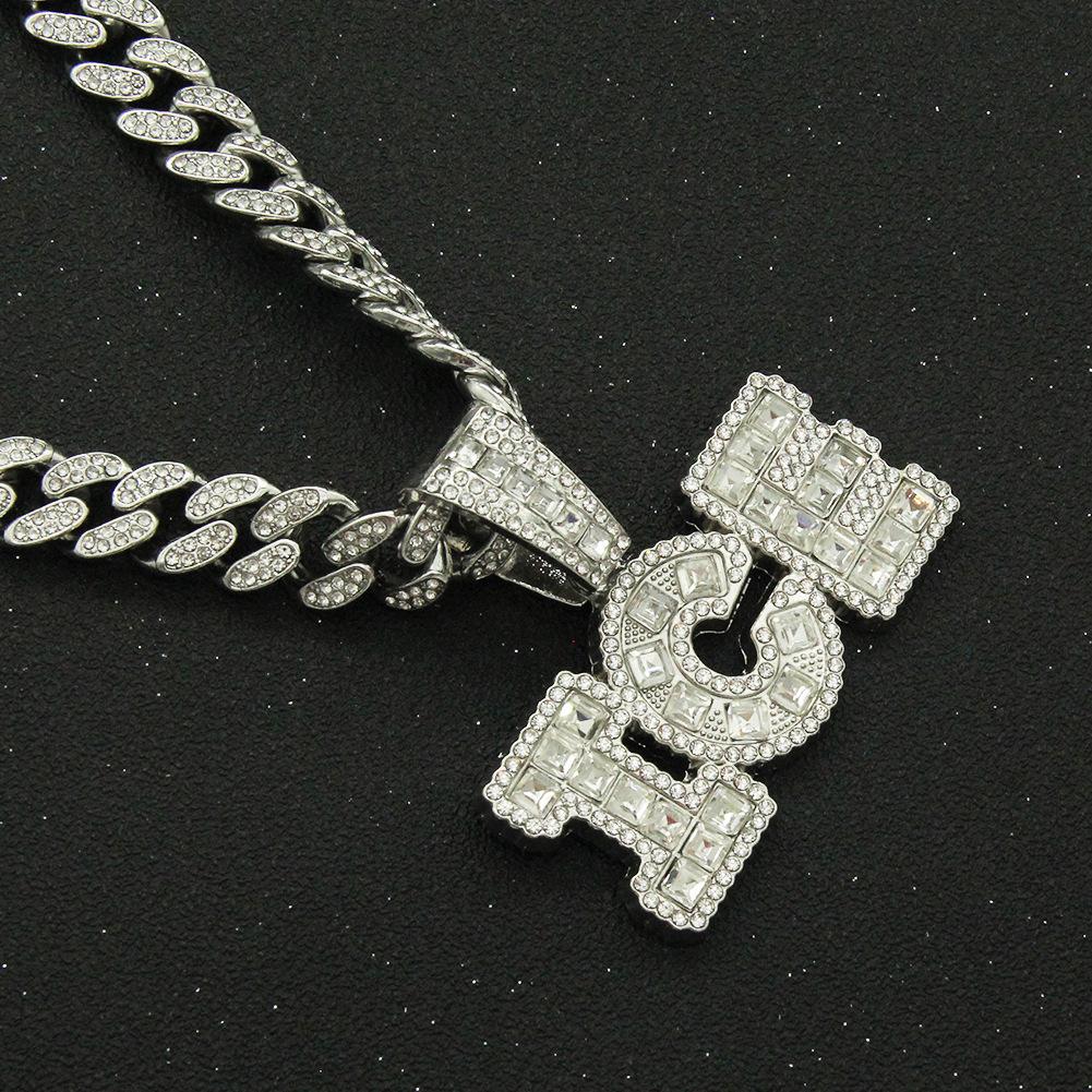 Square Diamond Cool Letter Pendant Cuban Chain, European and American Hip-hop Splicing Necklace Pendant, Hipster Full Diamond Collarbone Chain