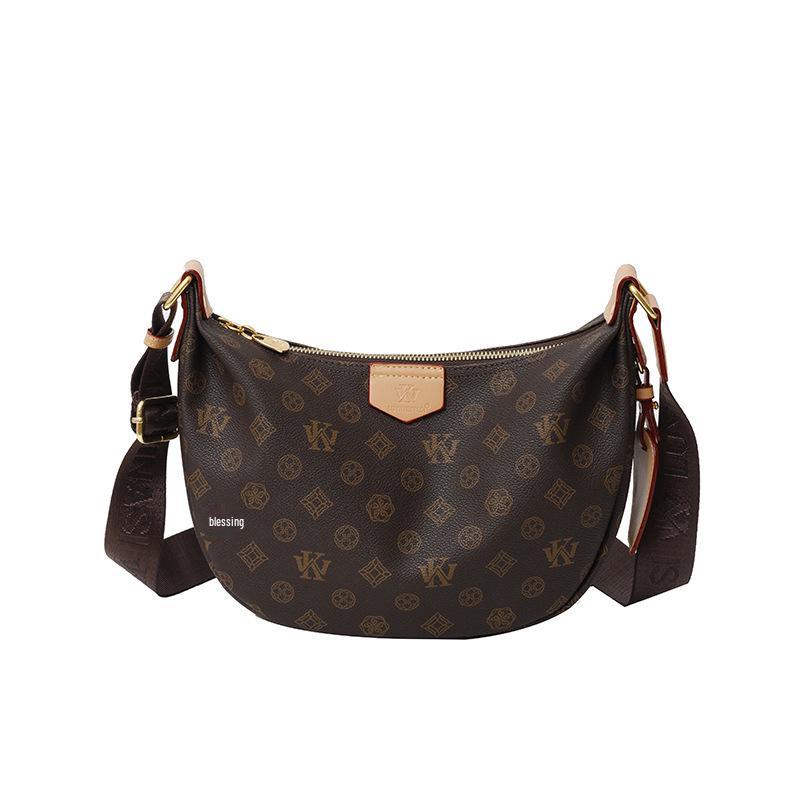 Elegant Women's 2025 Retro Monogram Dumpling Crossbody Handbag with Wide Strap and Large Capacity