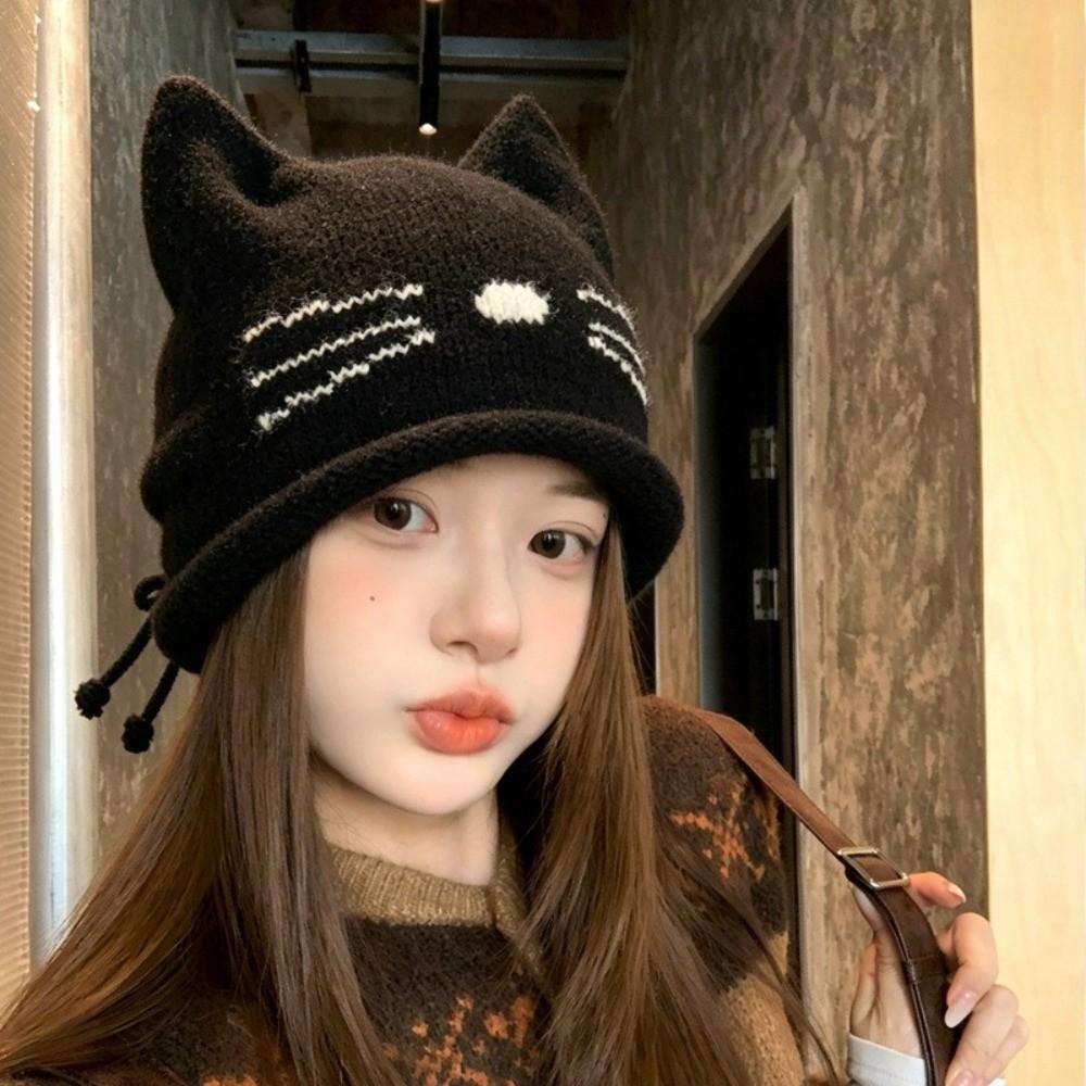 Solid Color Cat Ear Beanie Hat Keep Warm Winter Hat Fashion Knitted Skull Cap Winter