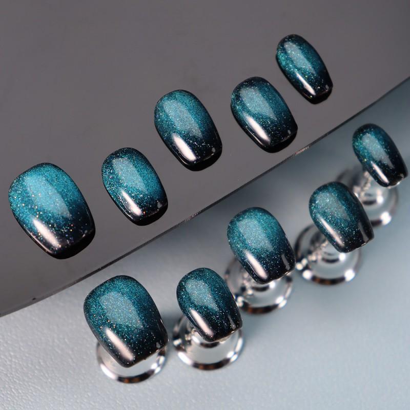 Peacock Green Cat Eye Press-On Nails Short Ballet Shape Reusable Gel Nail Tips Women L Includes 3-piece set: nail tips tools