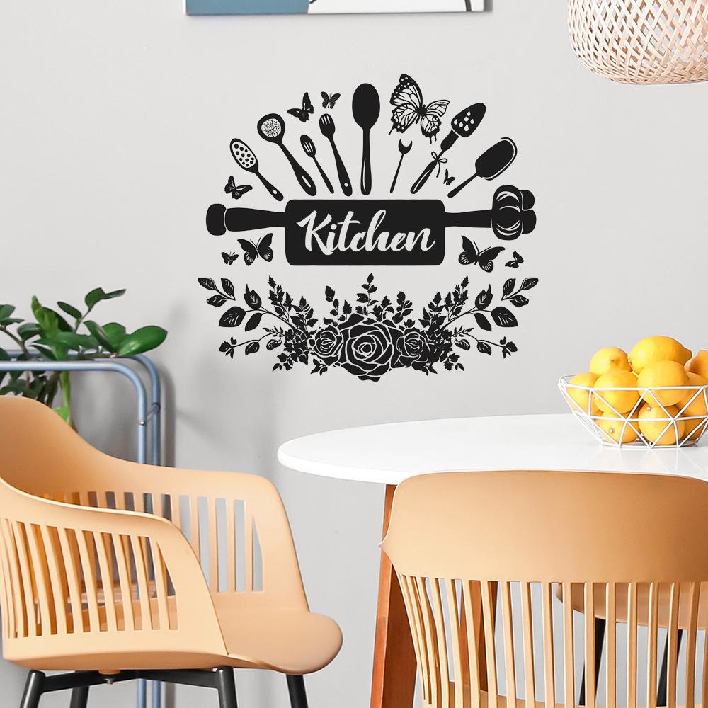 Creative Kitchen Utensils & Floral Wall Sticker Self-Adhesive Removable Bedroom Living Room Hallway Dorm Home Decor Art