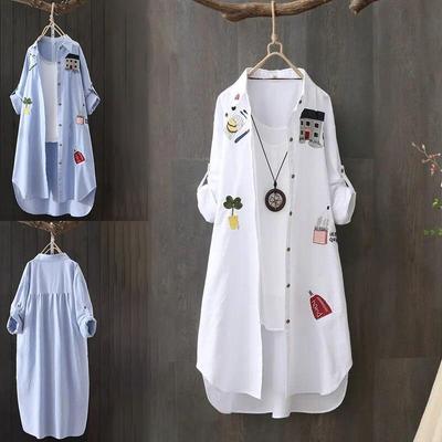 Vintage Women Cotton Embroidery Loose Long Shirts Spring Autumn Casual Office Lady Blouse Female Top Loose Shirt Plus Size
