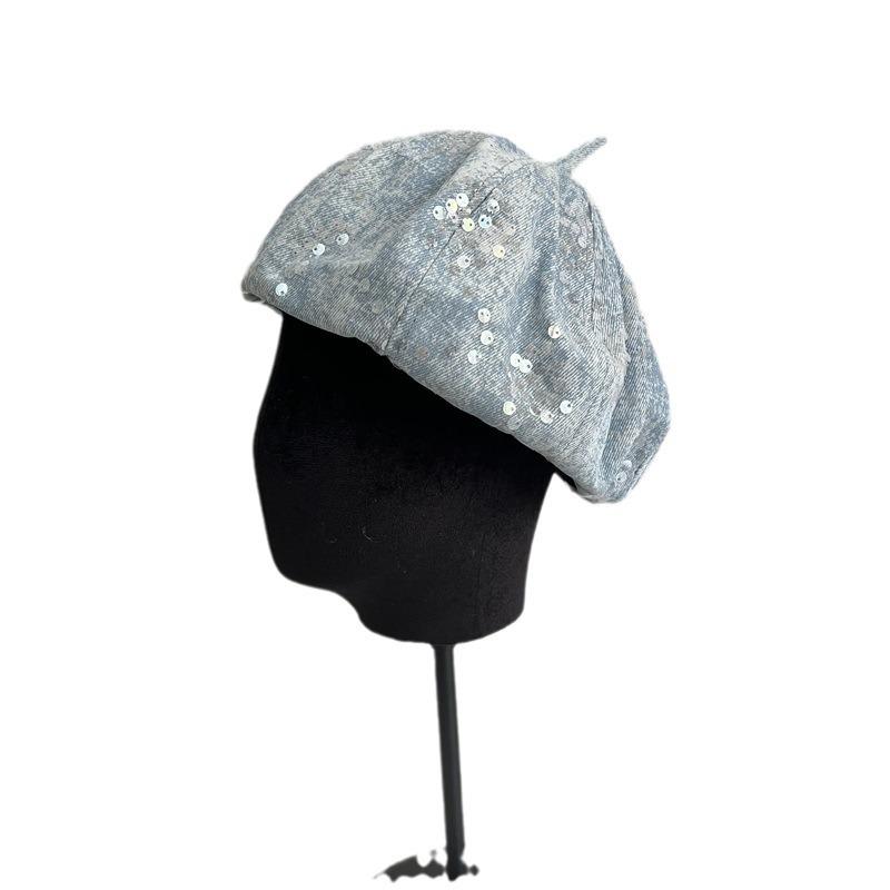 Denim Sequined Beret Women's Summer Fashion Temperament Painter Hat Showing Face Small Star Anise Hat Spring and Autumn