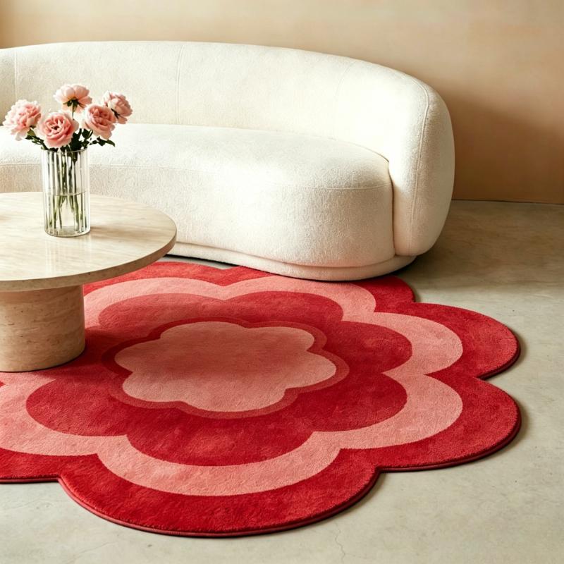 Crème Kleurige Tapijten voor Woonkamer Bloemen Slaapkamer Decoratie Tapijt Pluizig Zacht Onregelmatige Vorm Nachtkastje Tapijt Huis Anti-slip Vloermat 80x80CM
