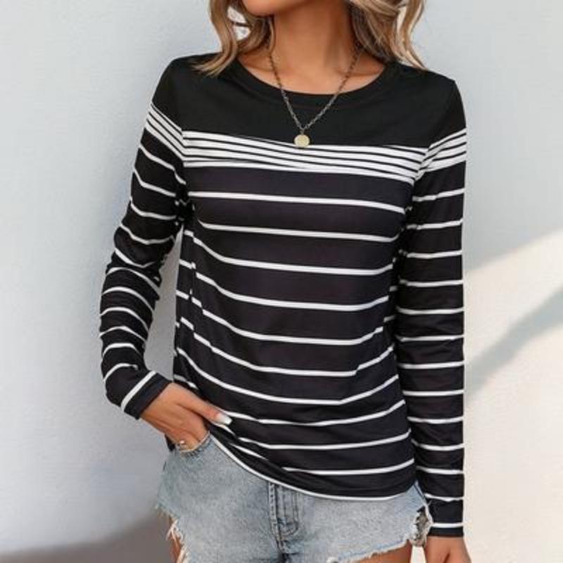 Leopard Striped Print Autumn Long Sleeves Women's T-shirts Fashion Casual Tops Daily Loose Crew Neck Women Clothing
