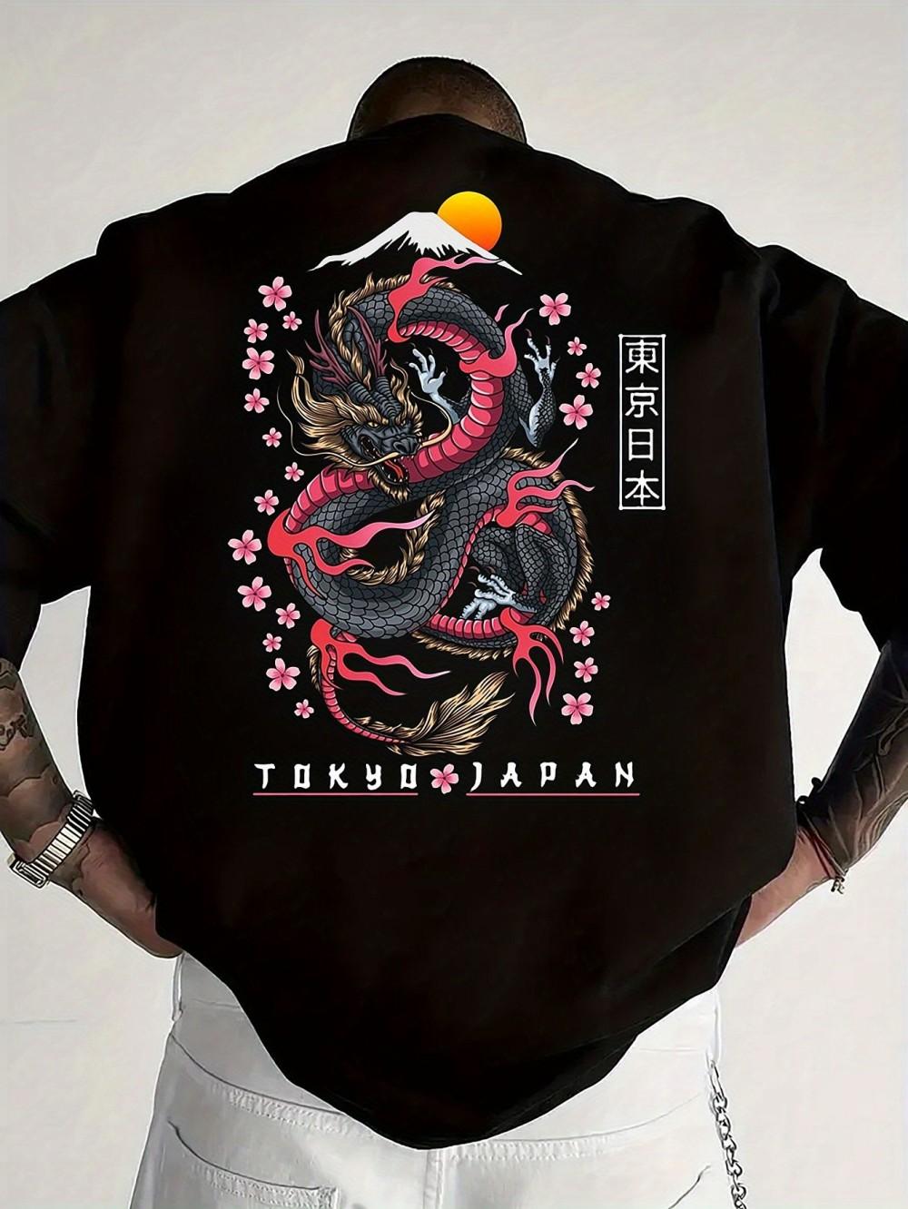 Fashionable mens summer new dragon print flower comfortable breathable round neck Tshirt outdoor street style top S