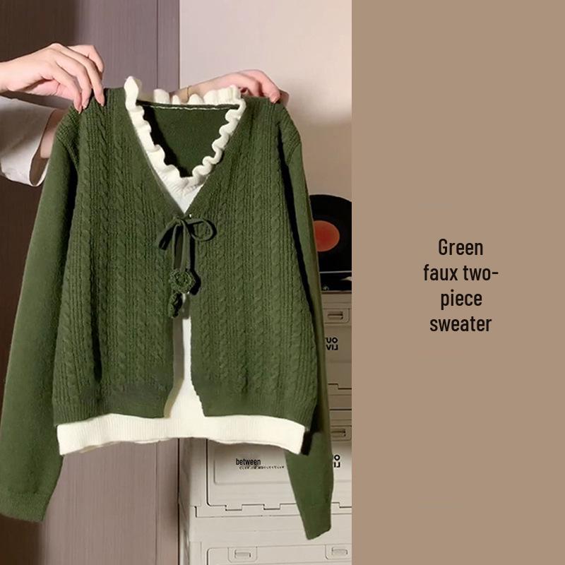 Green Faux Two-Piece Knitted Sweater Dress – Women's Korean Style Plaid Long Dress for Spring & Autumn