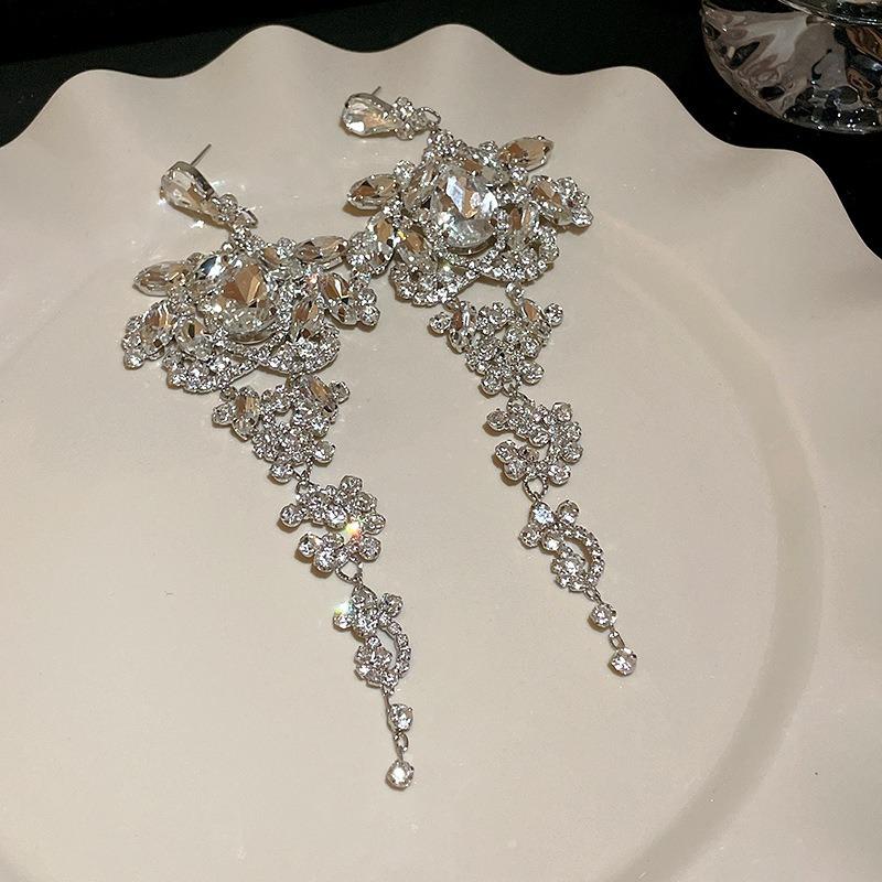 Silver Needle Diamond Flower Water Drop Tassel Earrings Exaggerated Earrings Light Luxury Premium Earrings Women