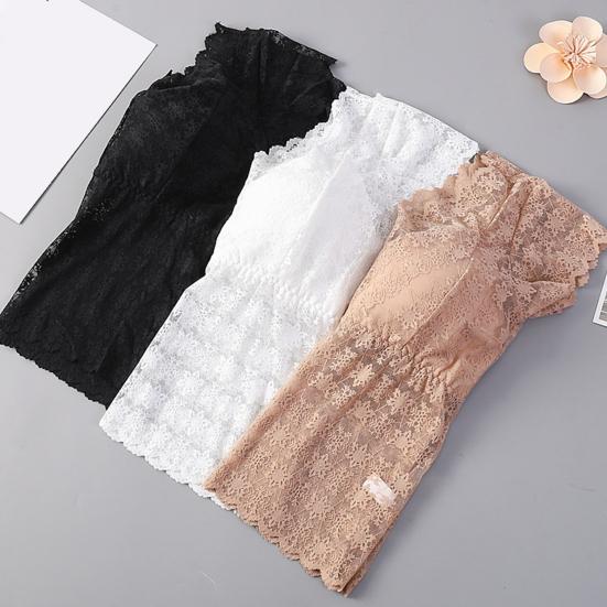 Women Lace Top Mesh Sheer Short Sleeve V Neck Undershirt with Padded Bra Floral